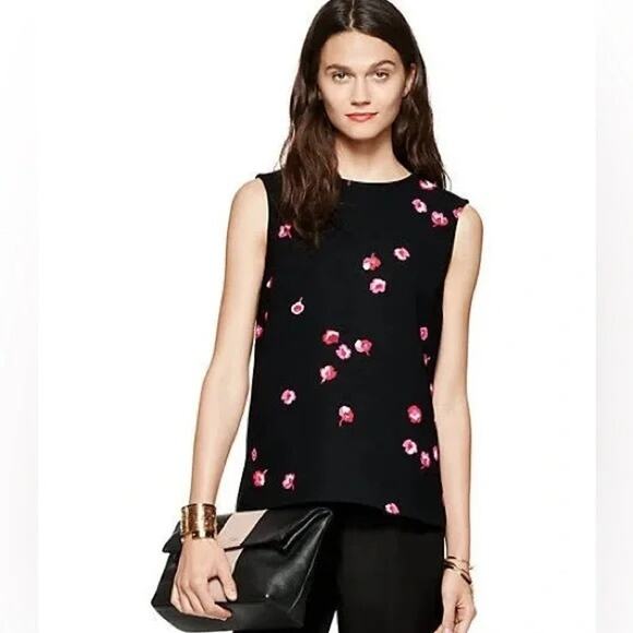 [Kate Spade New York] Black Cherry Blossom Floral Print Sleeveless Blouse Sz 10 - Picture 1 of 11